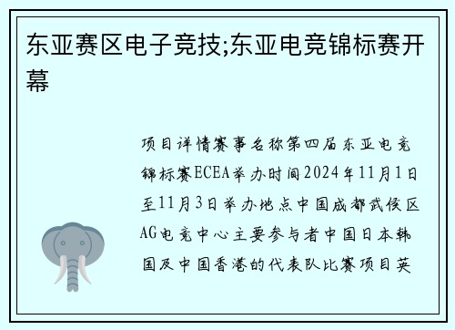 东亚赛区电子竞技;东亚电竞锦标赛开幕